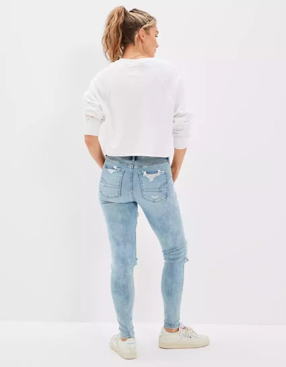 Jean American Eagle AE Lu(x)e Ripped High-Waisted Jegging Bleu Blanche Femme | DGO-34800973